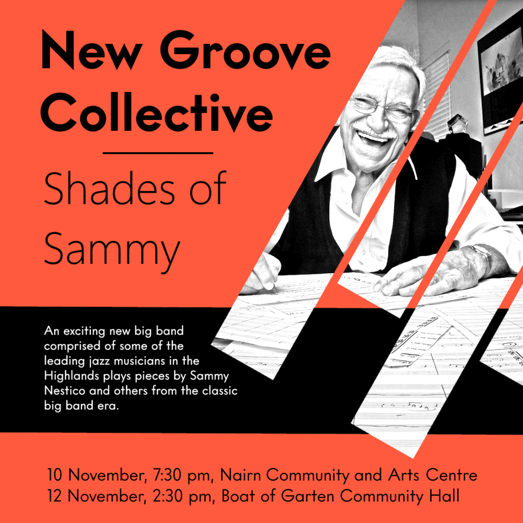 Orange, black and white poster showing a photo of Sammy Nestico and details of the New Groove Collective big band